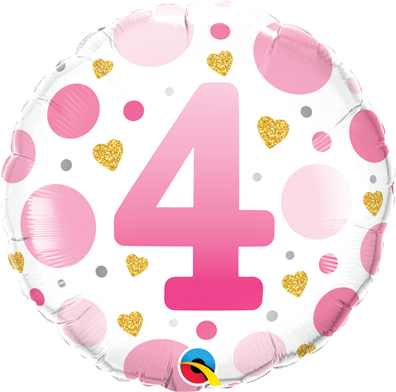 Qualatex 23128 18" Round Age 4 Pink Dots Foil