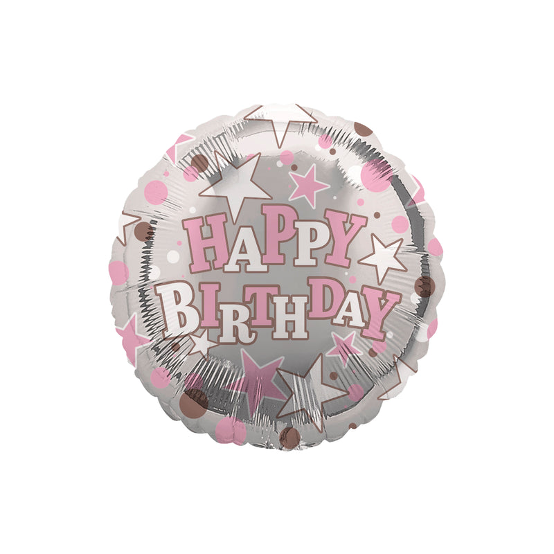 18" ROUND HAPPY BIRTHDAY SILVER AND PINK STARS FOIL