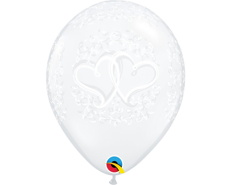 11" ROUND ENTWINED HEARTS DIAMOND CLEAR LATEX (50 PER BAG)