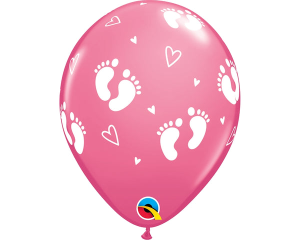 11" ROUND BABY FOOTPRINTS HEART ROSE LATEX (25 PER BAG)