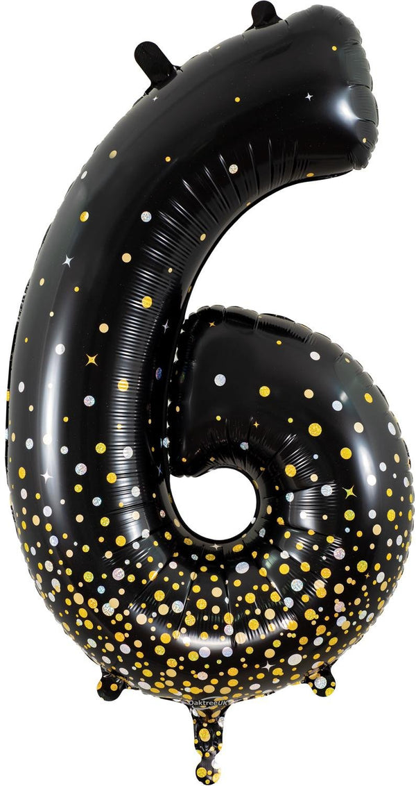 34" NUMBER 6 SPARKLING FIZZ BLACK GOLD HOLOGRAPHIC FOIL