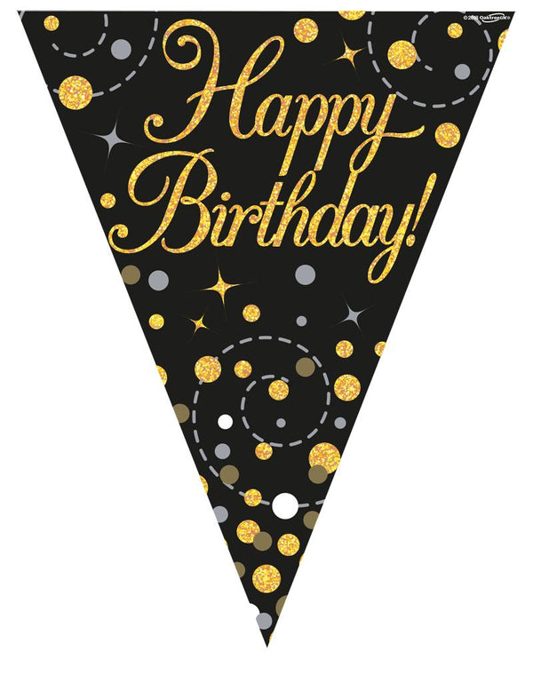 BUNTING: SPARKLING FIZZ BIRTHDAY BLACK & GOLD HOLOGRAPHIC BUNTING (11 FLAGS, 3.9M)
