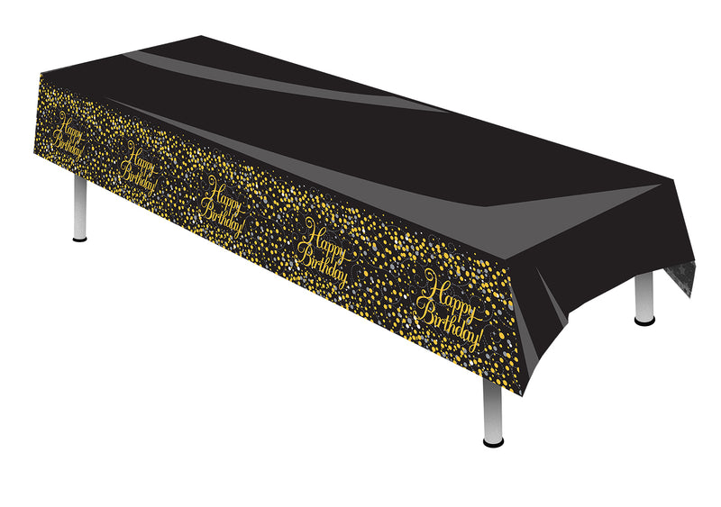 TABLE COVER HAPPY BIRTHDAY SPARKLING FIZZ BLACK AND GOLD 137CM X 2.6M 1PC