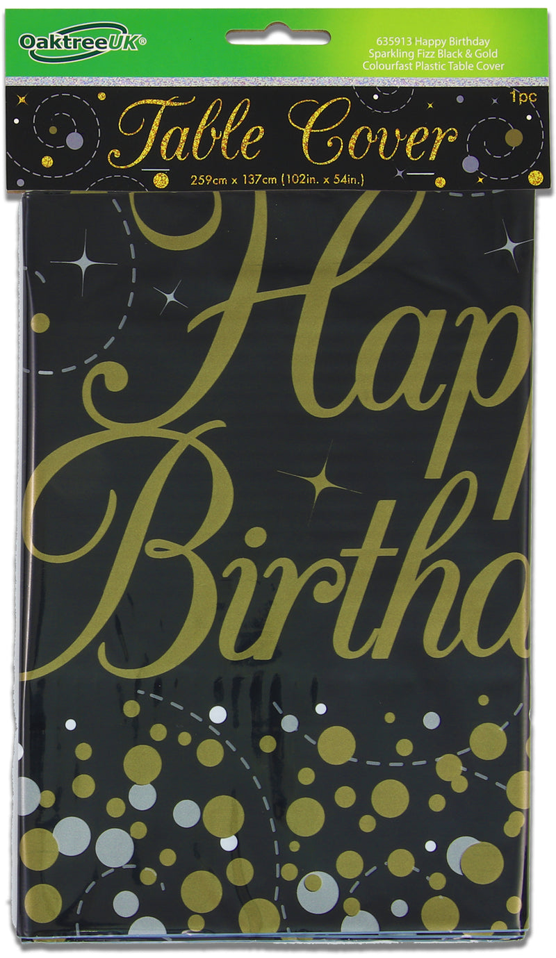 TABLE COVER HAPPY BIRTHDAY SPARKLING FIZZ BLACK AND GOLD 137CM X 2.6M 1PC