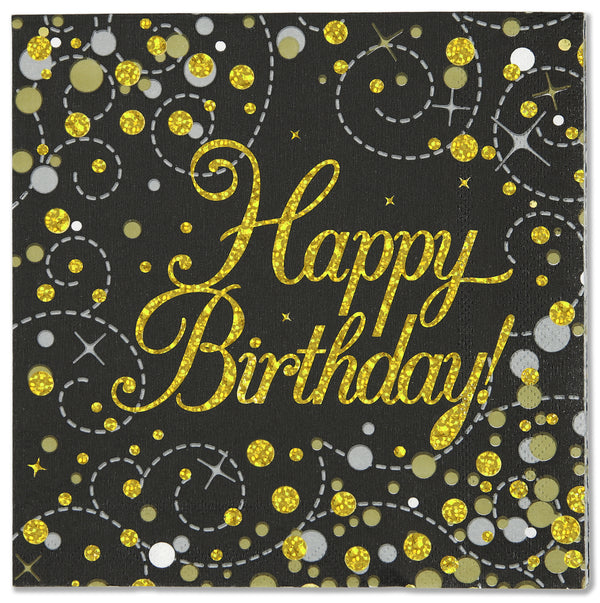 NAPKINS HAPPY BIRTHDAY SPARKLING FIZZ BLACK & GOLD 33CM X 33CM 3-PLY 16PCS