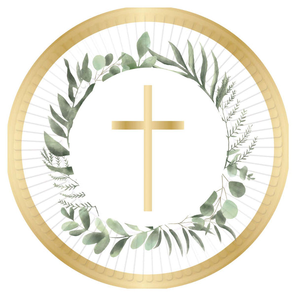 PLATES: BOTANICAL CELEBRATION PAPER PLATES 23CM (8 PER PACK) (FOR COMMUNION OR CONFIRMATION)