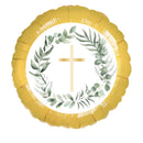 18" ROUND BOTANICAL CELEBRATION GOLD CROSS FOIL (FOR COMMUNION OR CONFIRMATION)