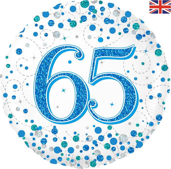 18" ROUND AGE 65 SPARKLING FIZZ BIRTHDAY BLUE HOLOGRAPHIC FOIL