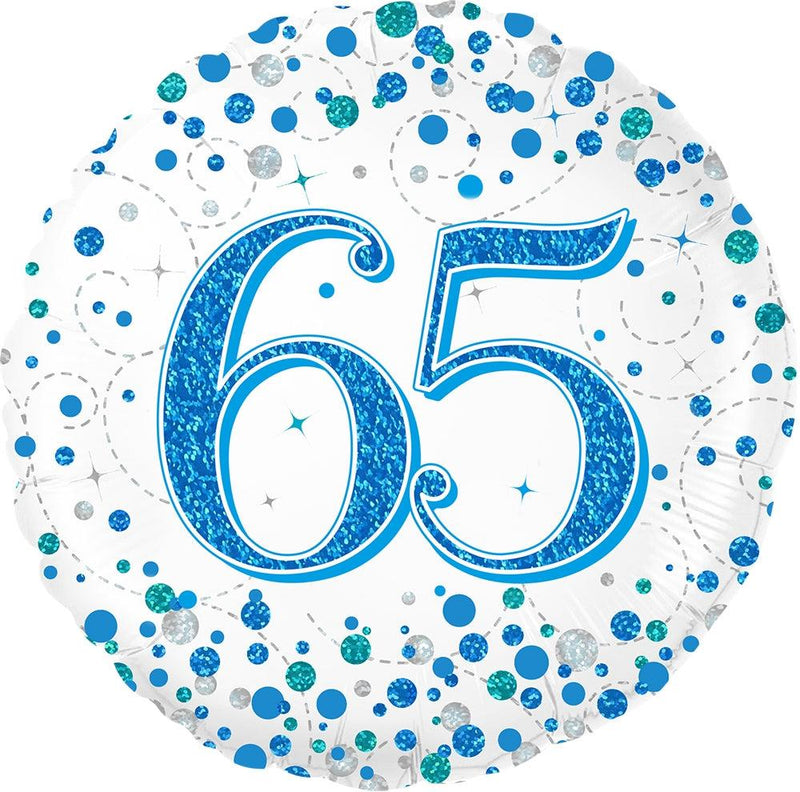 18" ROUND AGE 65 SPARKLING FIZZ BIRTHDAY BLUE HOLOGRAPHIC FOIL