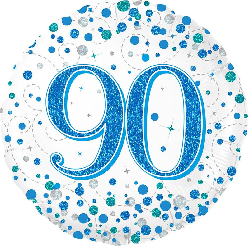 18" ROUND AGE 90 SPARKLING FIZZ BIRTHDAY BLUE HOLOGRAPHIC FOIL