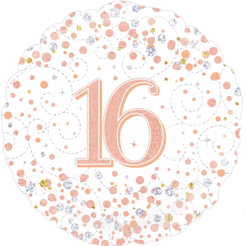 18" ROUND AGE 16 SPARKLING FIZZ BIRTHDAY WHITE & ROSE GOLD HOLOGRAPHIC FOIL