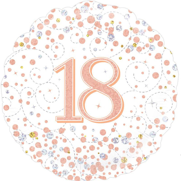 18" ROUND AGE 18 SPARKLING FIZZ BIRTHDAY WHITE & ROSE GOLD HOLOGRAPHIC FOIL