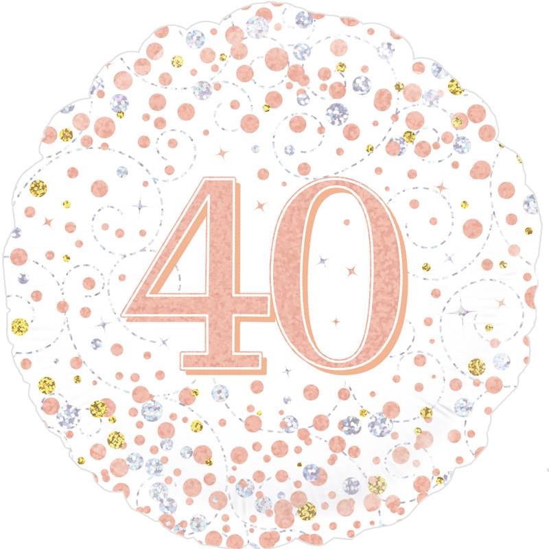 18" ROUND AGE 40 SPARKLING FIZZ BIRTHDAY WHITE & ROSE GOLD HOLOGRAPHIC FOIL