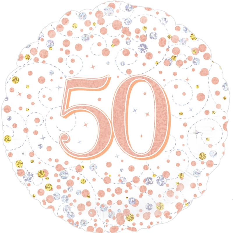 18" ROUND AGE 50 SPARKLING FIZZ BIRTHDAY WHITE & ROSE GOLD HOLOGRAPHIC FOIL
