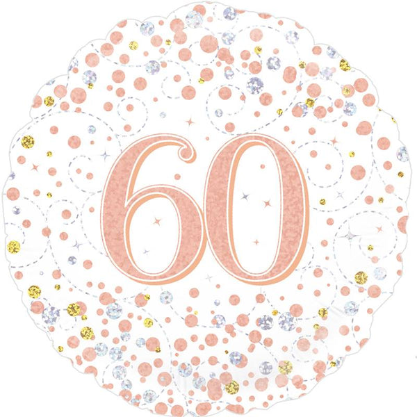 18" ROUND AGE 60 SPARKLING FIZZ BIRTHDAY WHITE & ROSE GOLD HOLOGRAPHIC FOIL