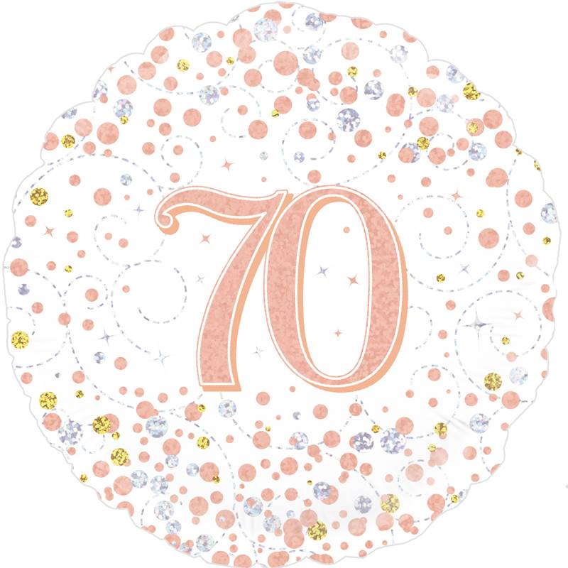 18" ROUND AGE 70 SPARKLING FIZZ BIRTHDAY WHITE & ROSE GOLD HOLOGRAPHIC FOIL