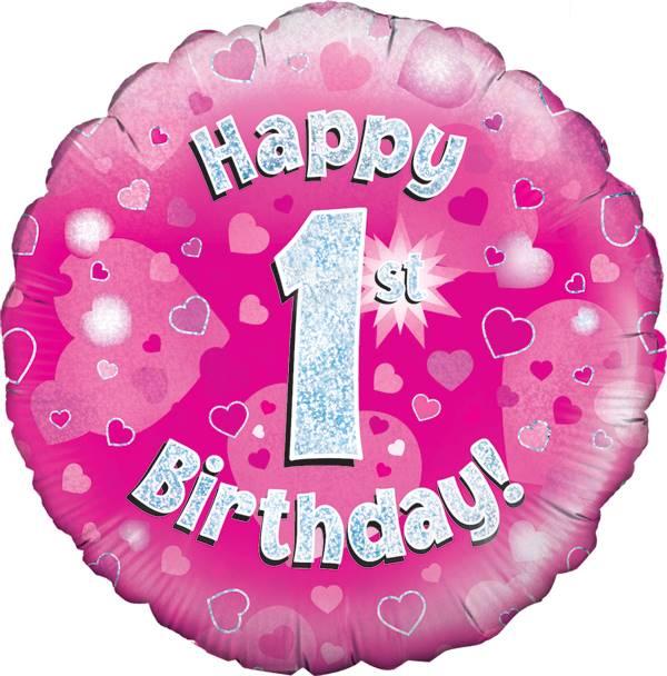 18" HAPPY 1ST BIRTHDAY PINK HOLOGRAPHIC FOIL