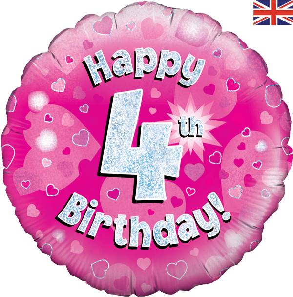 18" HAPPY 4TH BIRTHDAY PINK HOLOGRAPHIC FOIL