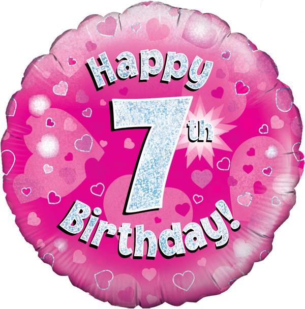 18" HAPPY 7TH BIRTHDAY PINK HOLOGRAPHIC FOIL