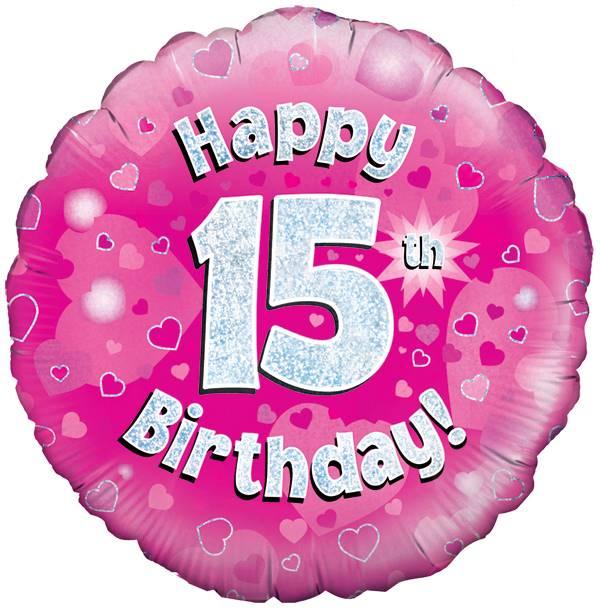 18" HAPPY 15TH BIRTHDAY PINK HOLOGRAPHIC FOIL