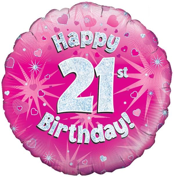 18" HAPPY 21ST BIRTHDAY PINK HOLOGRAPHIC FOIL