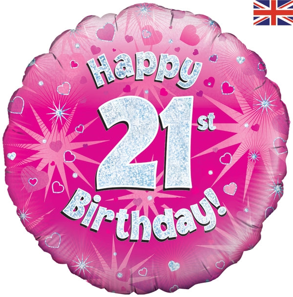 18" HAPPY 21ST BIRTHDAY PINK HOLOGRAPHIC FOIL