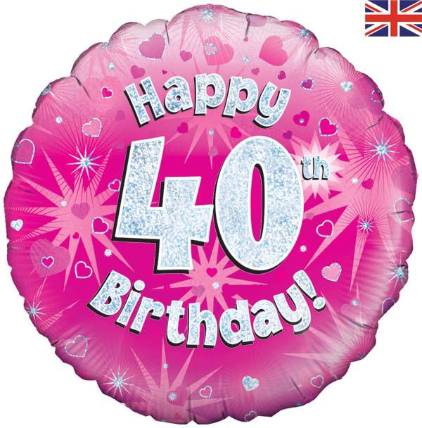 18" HAPPY 40TH BIRTHDAY PINK HOLOGRAPHIC FOIL