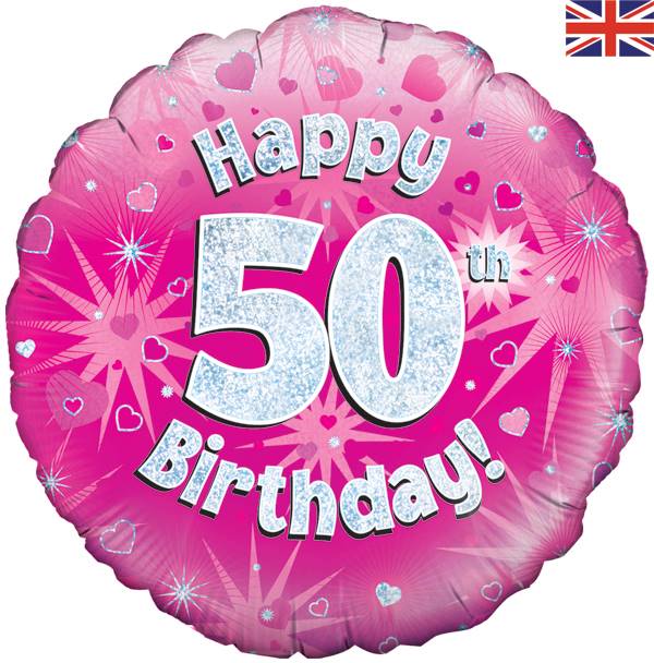 18" HAPPY 50TH BIRTHDAY PINK HOLOGRAPHIC FOIL