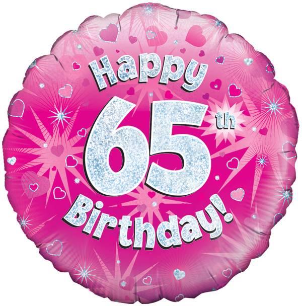 18" HAPPY 65TH BIRTHDAY PINK HOLOGRAPHIC FOIL