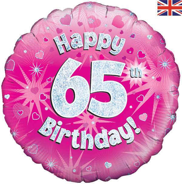 18" HAPPY 65TH BIRTHDAY PINK HOLOGRAPHIC FOIL