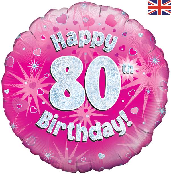 18" HAPPY 80TH BIRTHDAY PINK HOLOGRAPHIC FOIL