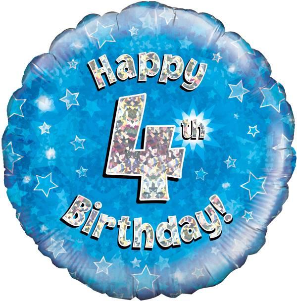 18" HAPPY 4TH BIRTHDAY BLUE HOLOGRAPHIC FOIL