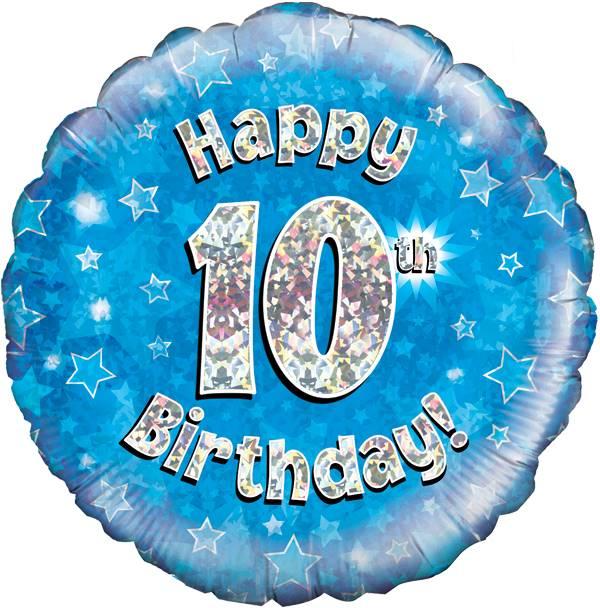 18" HAPPY 10TH BIRTHDAY BLUE HOLOGRAPHIC FOIL