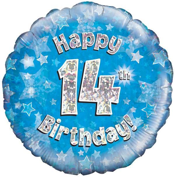 18" HAPPY 14TH BIRTHDAY BLUE HOLOGRAPHIC FOIL