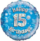 18" HAPPY 15TH BIRTHDAY BLUE HOLOGRAPHIC FOIL
