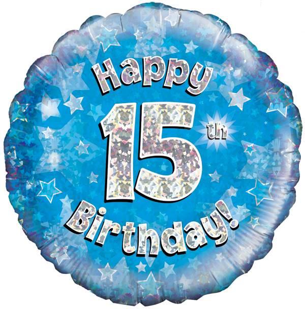 18" HAPPY 15TH BIRTHDAY BLUE HOLOGRAPHIC FOIL