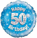 18" HAPPY 50TH BIRTHDAY BLUE HOLOGRAPHIC FOIL