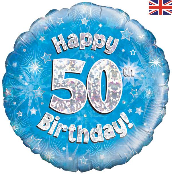 18" HAPPY 50TH BIRTHDAY BLUE HOLOGRAPHIC FOIL