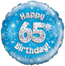 18" HAPPY 65TH BIRTHDAY BLUE HOLOGRAPHIC FOIL