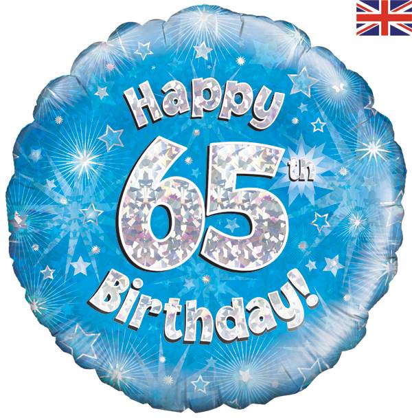 18" HAPPY 65TH BIRTHDAY BLUE HOLOGRAPHIC FOIL