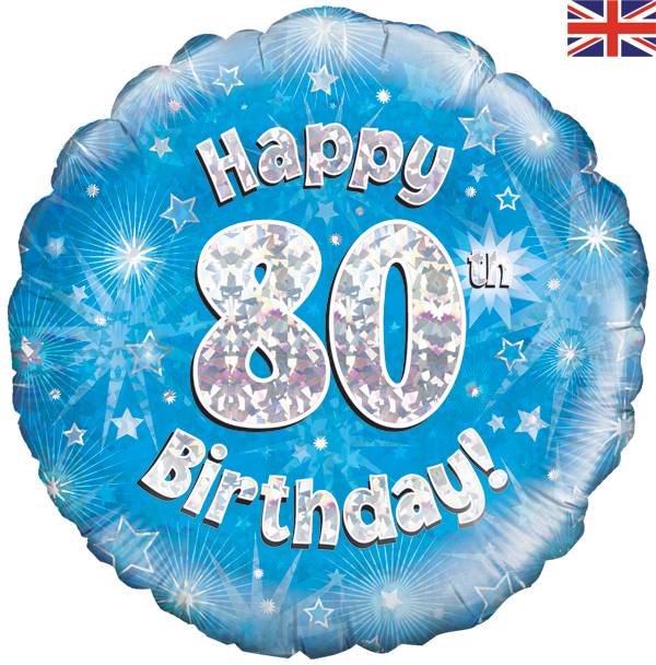 18" HAPPY 80TH BIRTHDAY BLUE HOLOGRAPHIC FOIL