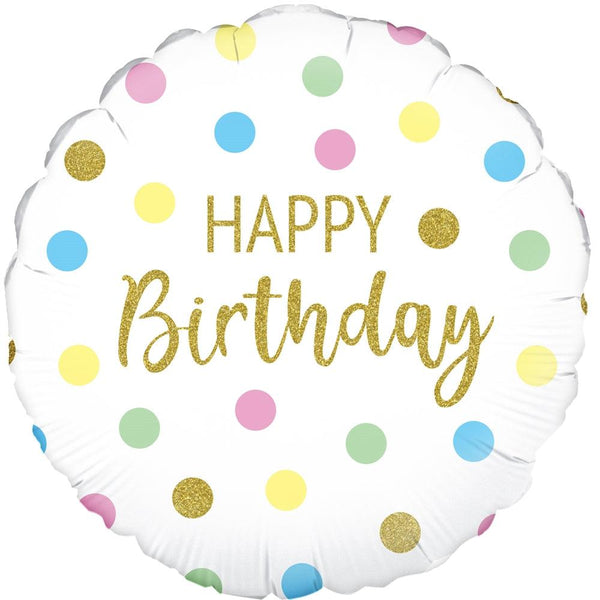 18" PASTEL DOTS HAPPY BIRTHDAY HOLOGRAPHIC FOIL