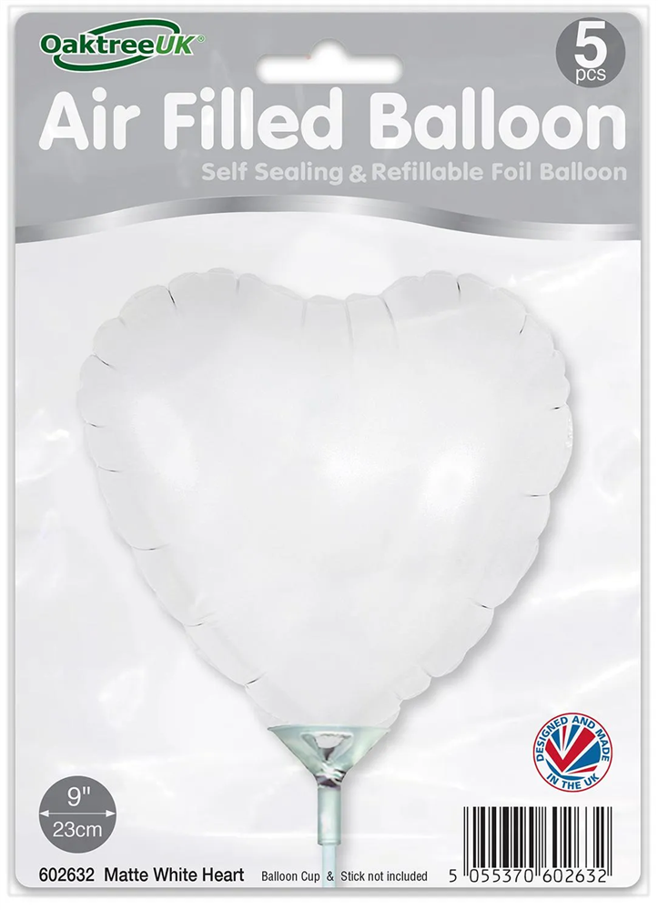 9" MATTE WHITE HEART PACKAGED FOIL (PACK OF 5)