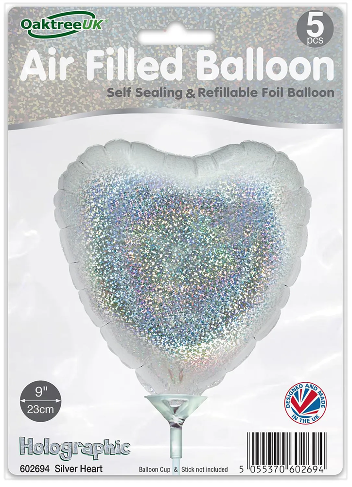 9" HOLOGRAPHIC SILVER HEART PACKAGED FOIL (PACK OF 5)
