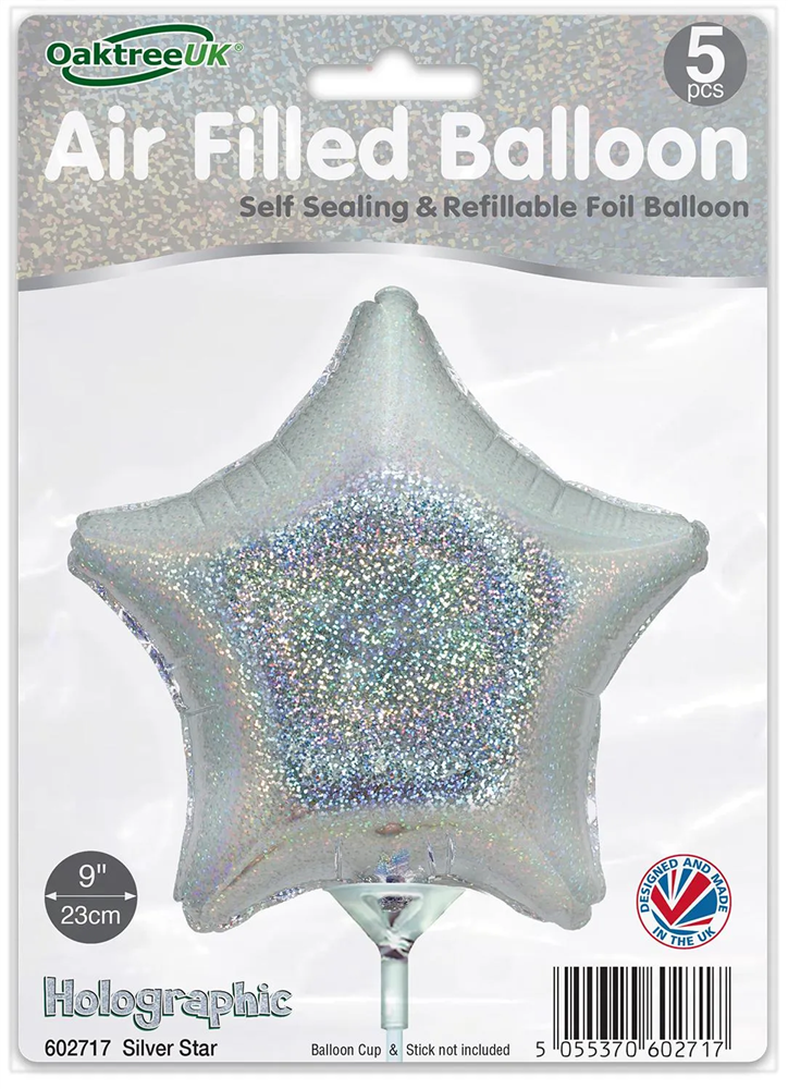 9" HOLOGRAPHIC SILVER STAR PACKAGED FOIL (PACK OF 5)
