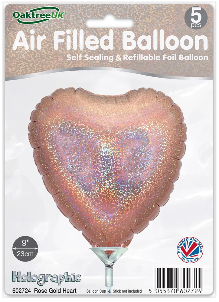 9" HOLOGRAPHIC ROSE GOLD HEART PACKAGED FOIL (PACK OF 5)