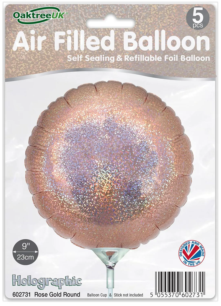 9" HOLOGRAPHIC ROSE GOLD ROUND PACKAGED FOIL (PACK OF 5)