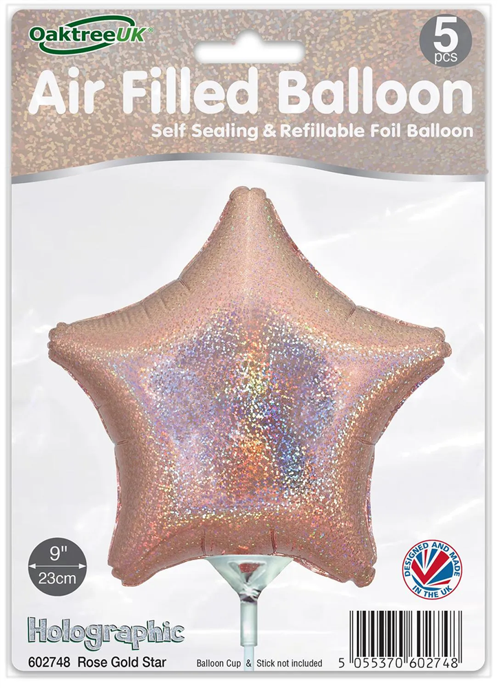 9" HOLOGRAPHIC ROSE GOLD STAR PACKAGED FOIL (PACK OF 5)