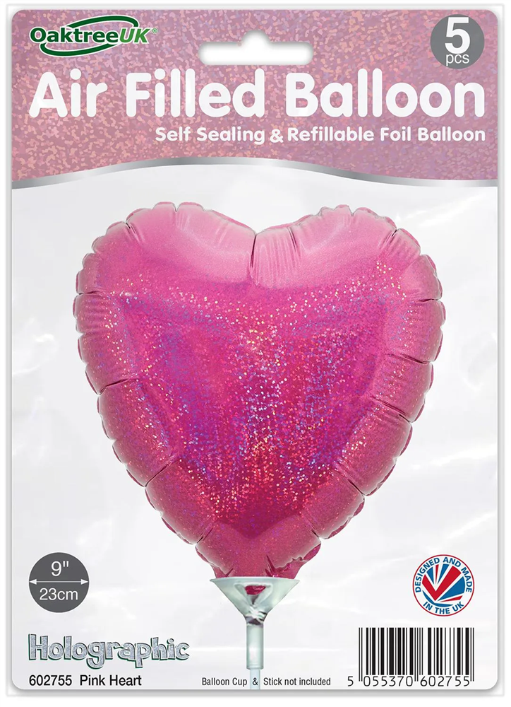 9" HOLOGRAPHIC PINK HEART PACKAGED FOIL (PACK OF 5)