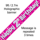 9FT BANNER HAPPY 2ND BIRTHDAY PINK HOLOGRAPHIC